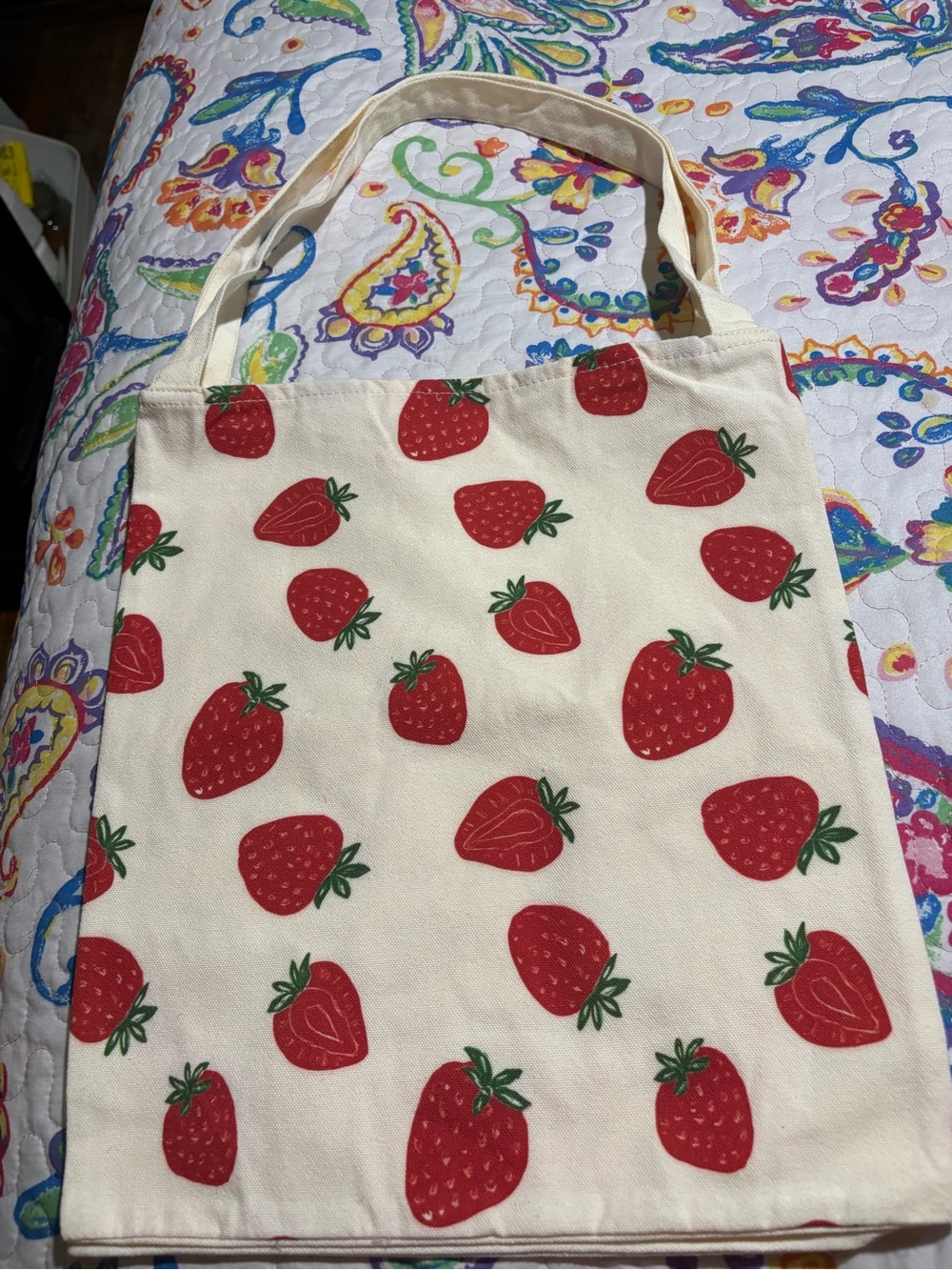 Cream Canvas Tote with Red Strawberry Print